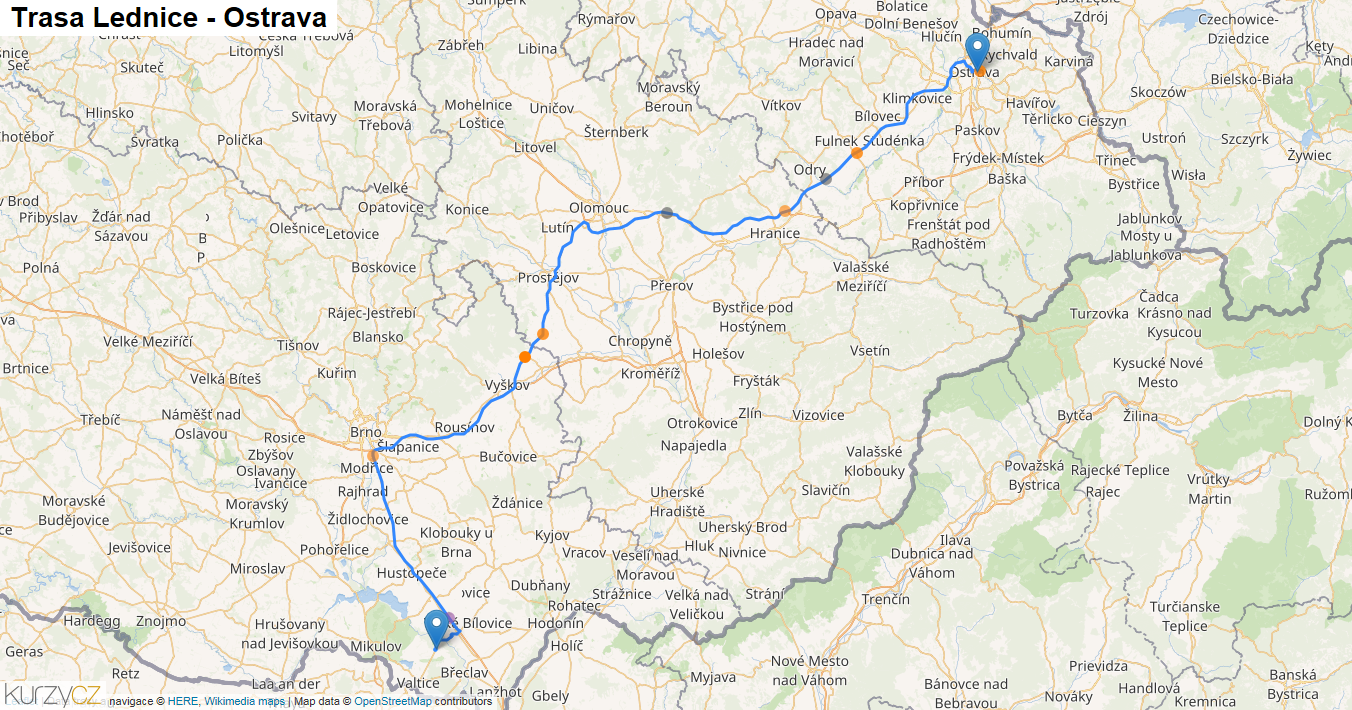 Lednice-Ostrava, mapa trasy