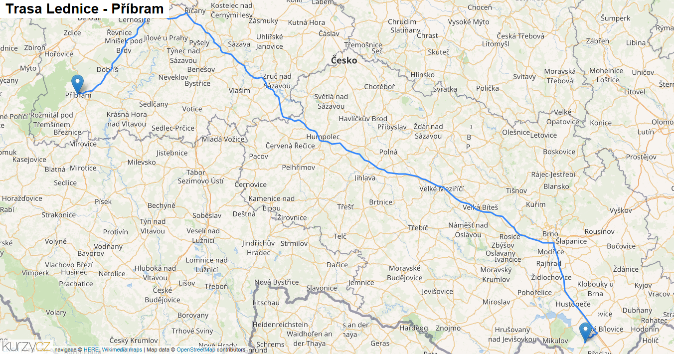 Lednice-Příbram, mapa trasy
