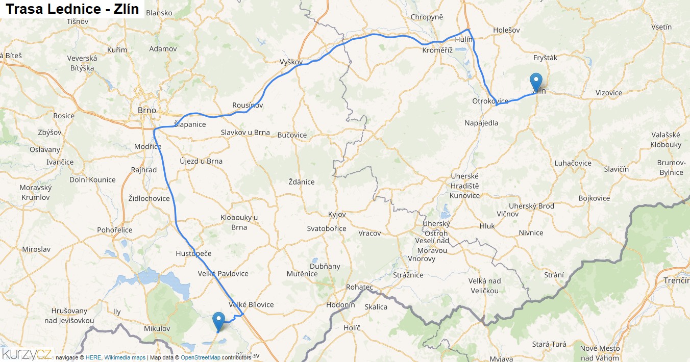 Lednice-Zlín, mapa trasy