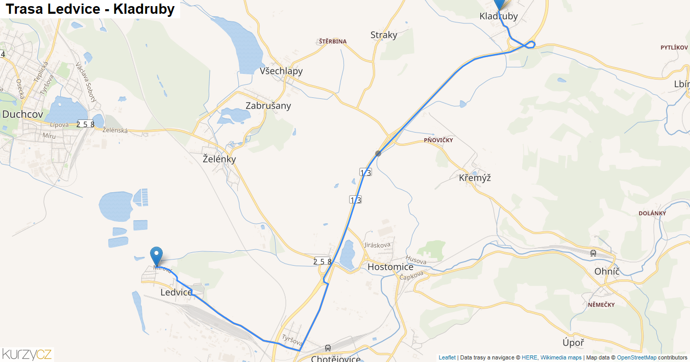 Ledvice-Kladruby, mapa trasy