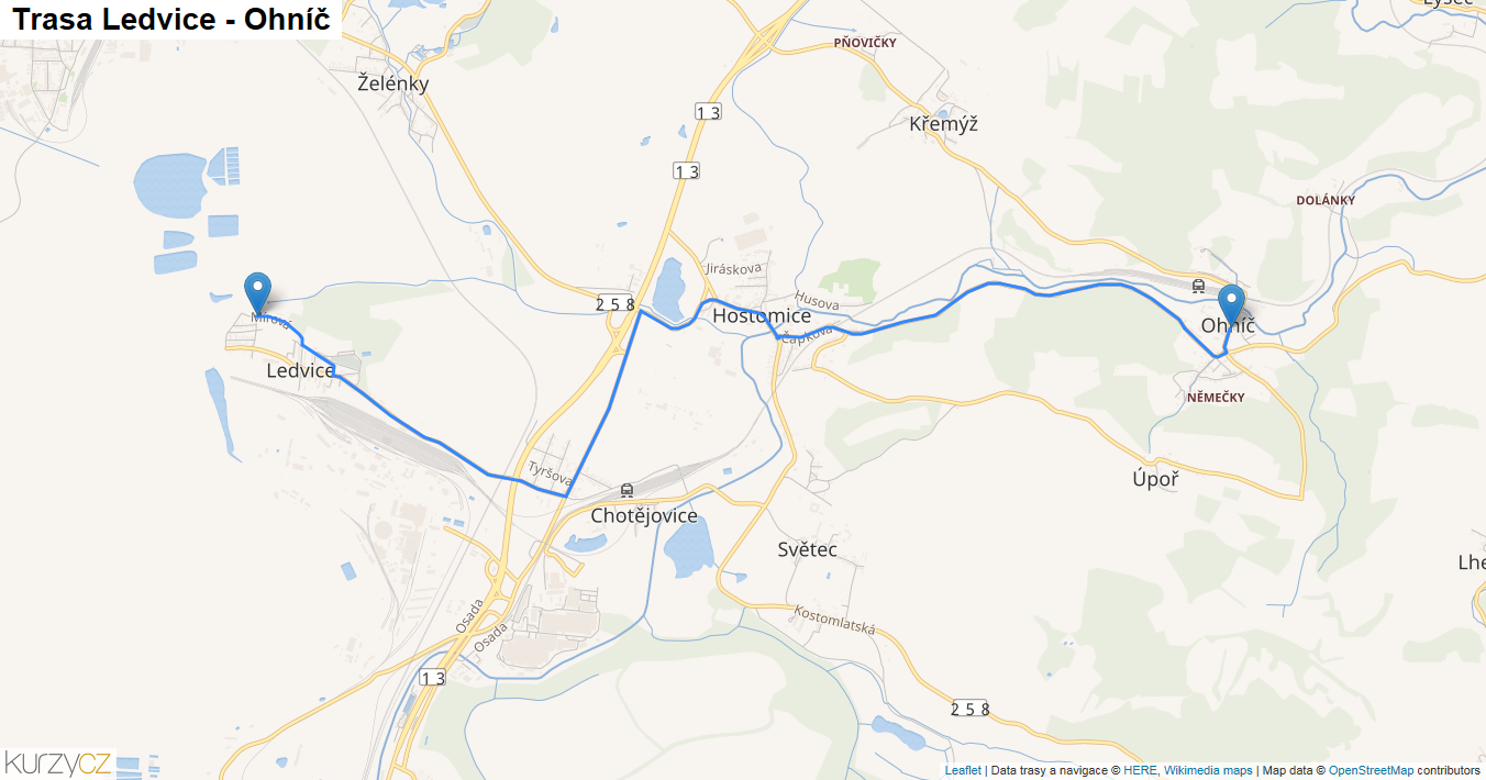 Ledvice-Ohníč, mapa trasy
