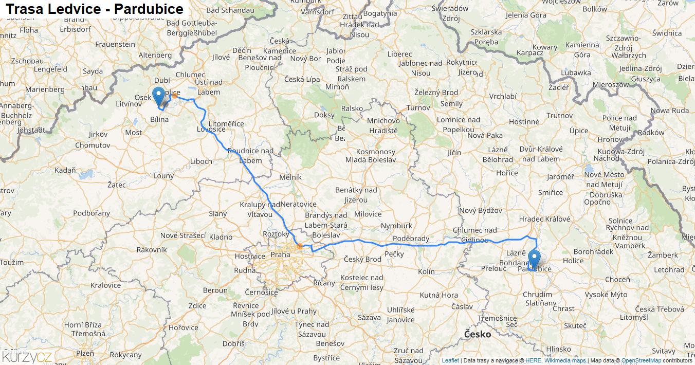 Ledvice-Pardubice, mapa trasy