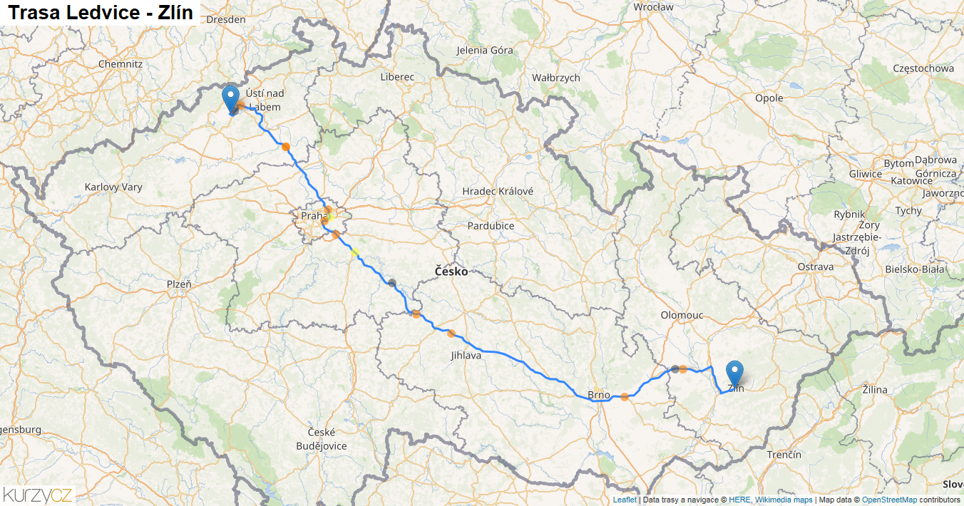 Ledvice-Zlín, mapa trasy
