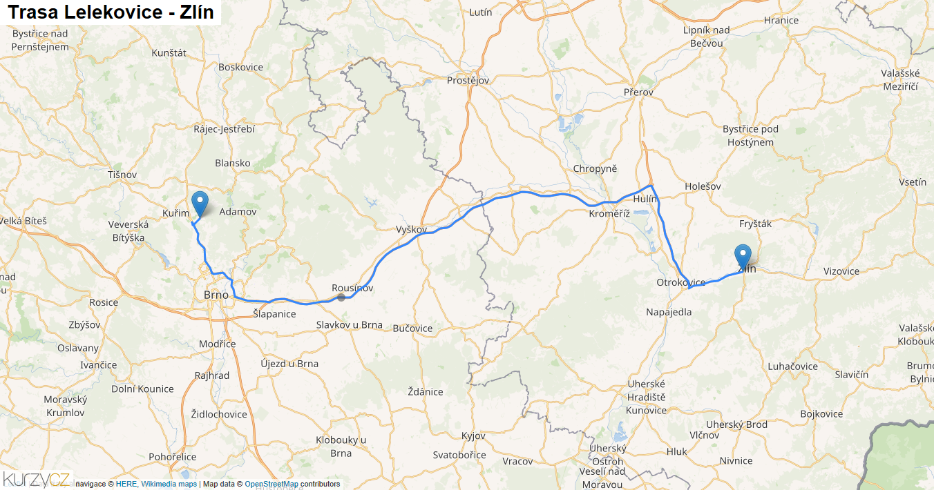 Lelekovice-Zlín, mapa trasy