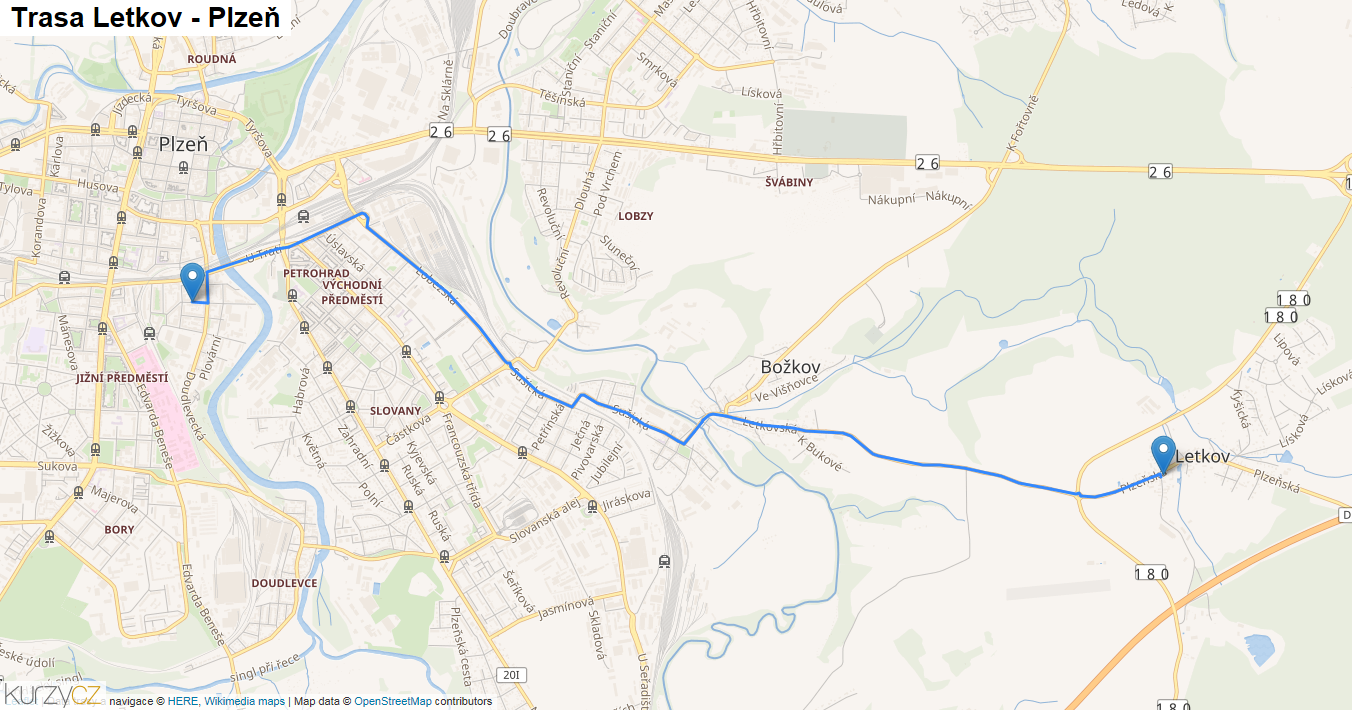 Letkov-Plzeň, mapa trasy