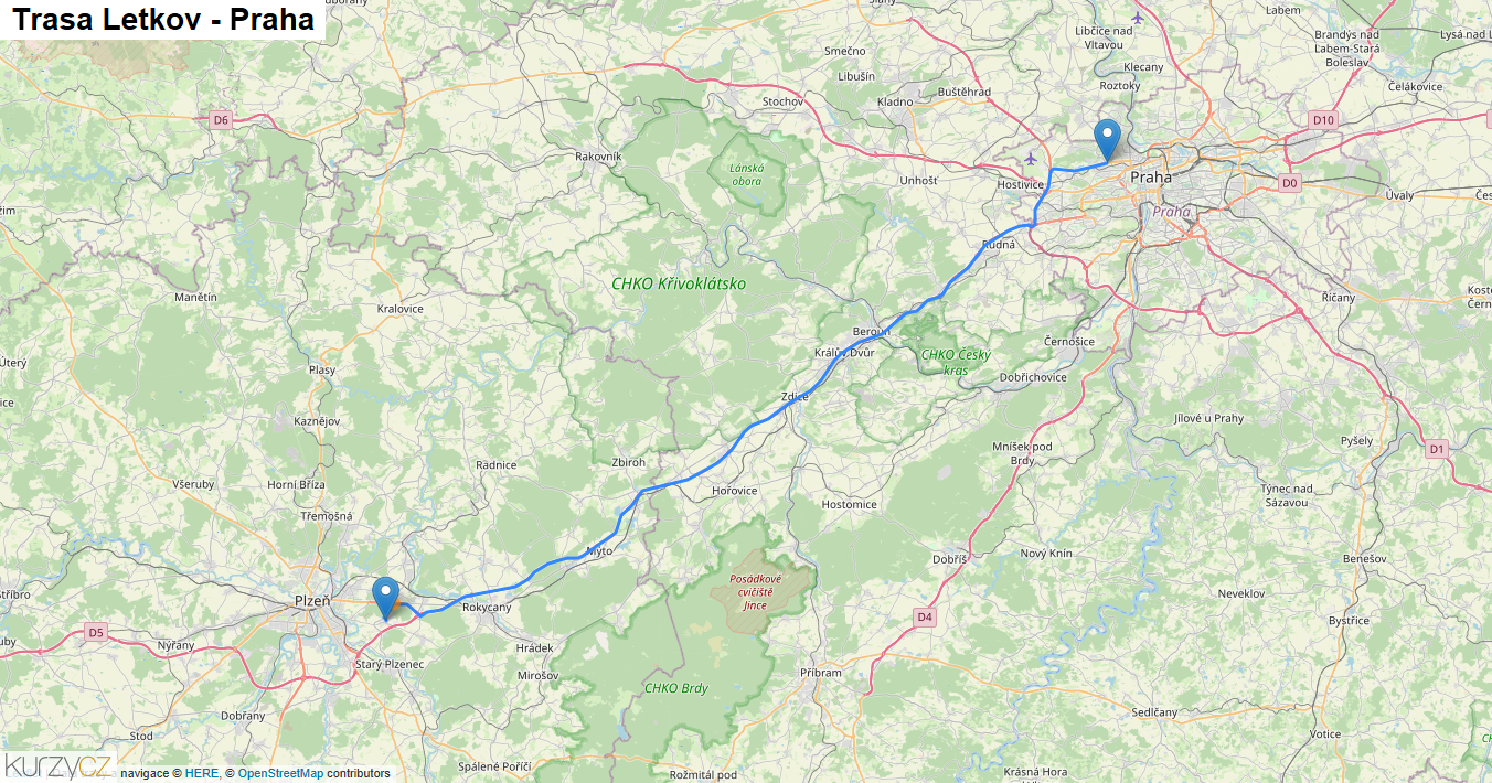 Letkov-Praha, mapa trasy