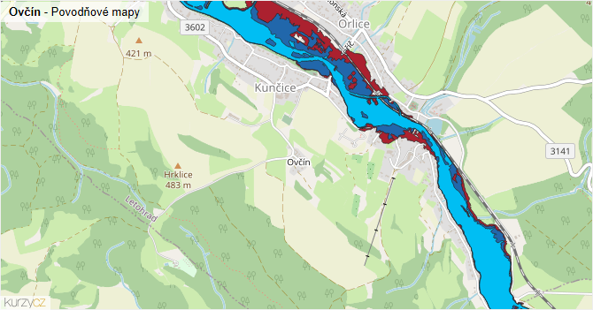 Ovčín - záplavové mapy stoleté vody