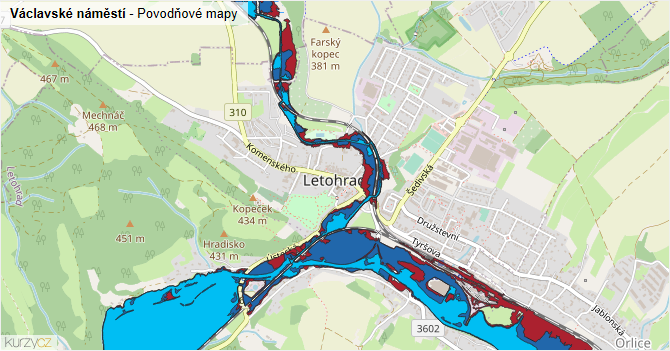 Václavské náměstí - záplavové mapy stoleté vody
