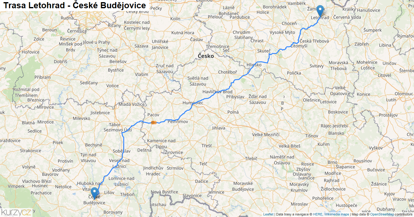 Letohrad-České Budějovice, mapa trasy