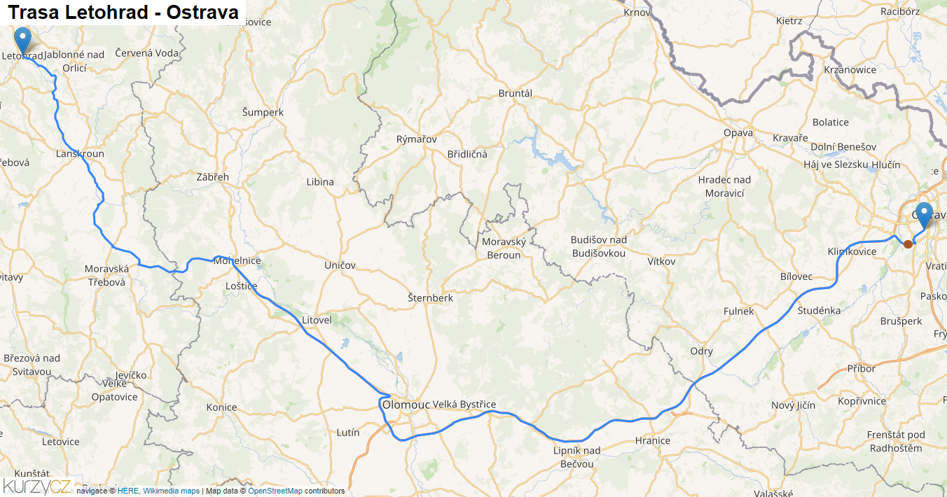 Letohrad-Ostrava, mapa trasy