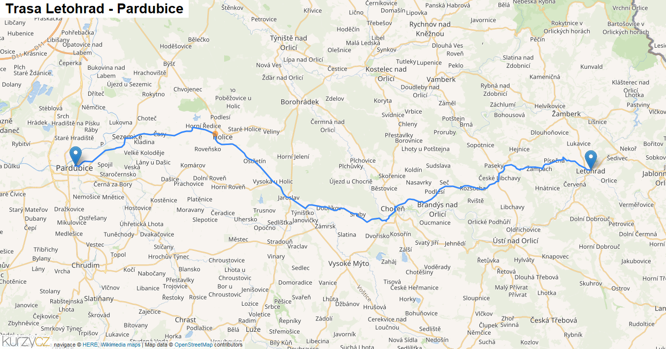 Letohrad-Pardubice, mapa trasy