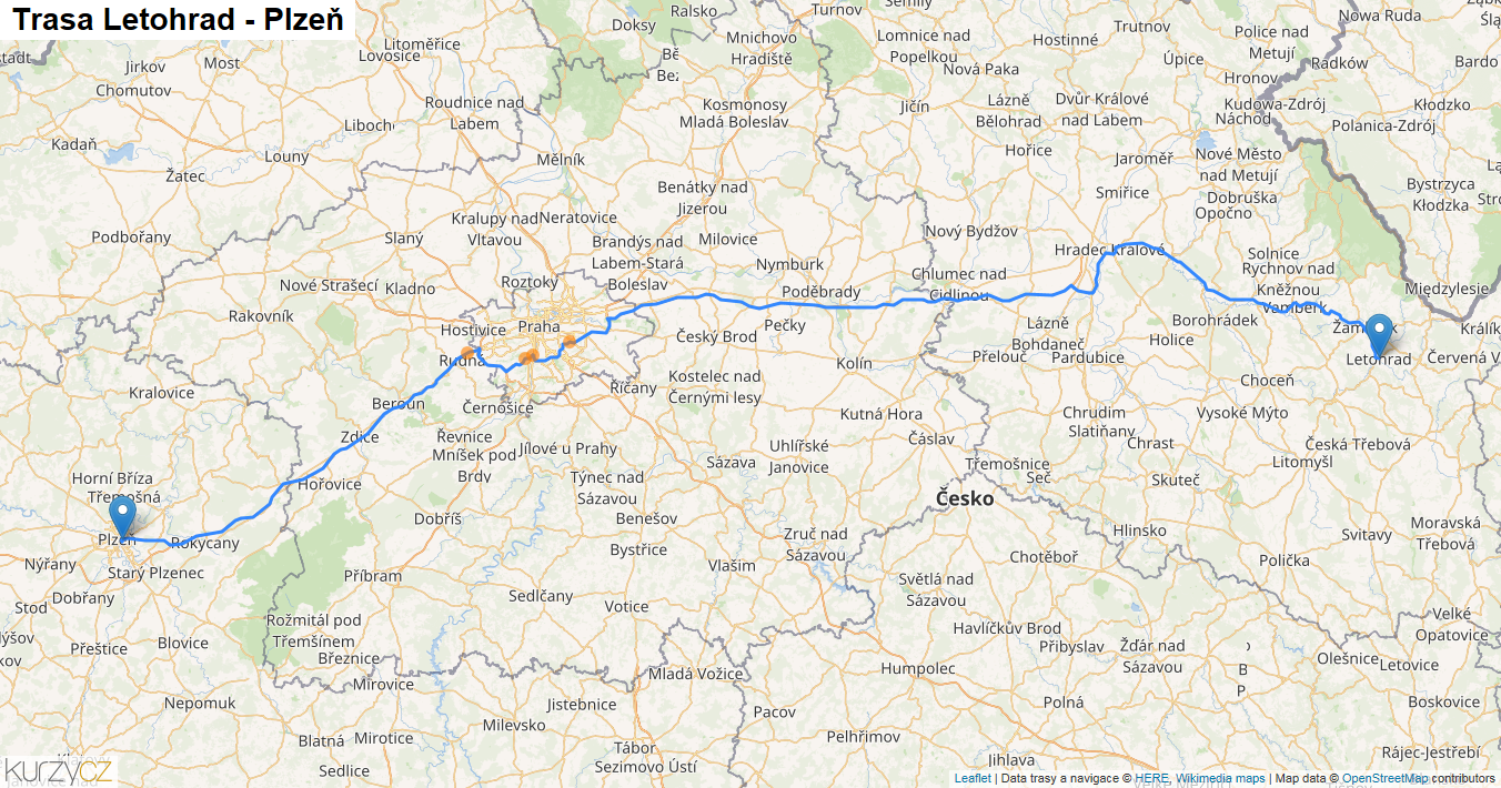 Letohrad-Plzeň, mapa trasy