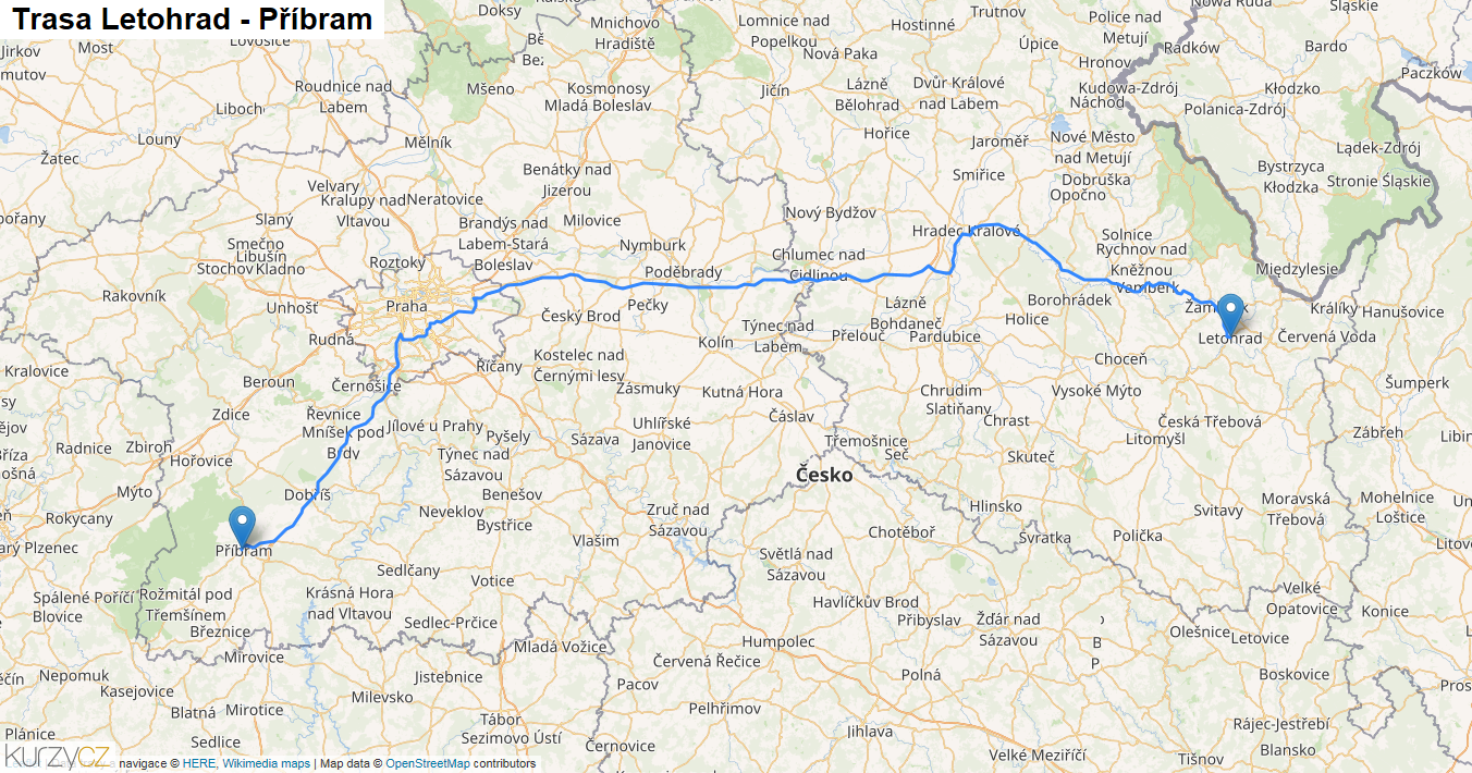 Letohrad-Příbram, mapa trasy