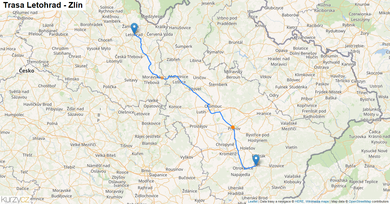 Letohrad-Zlín, mapa trasy
