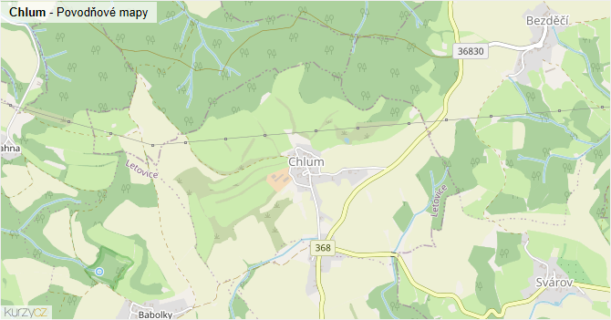 Chlum - záplavové mapy stoleté vody