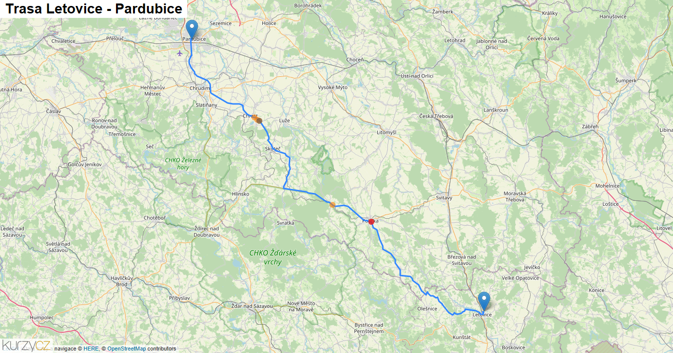 Letovice-Pardubice, mapa trasy