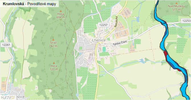 Krumlovská - záplavové mapy stoleté vody