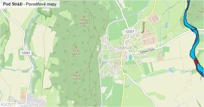 Pod Stráží - záplavové mapy stoleté vody