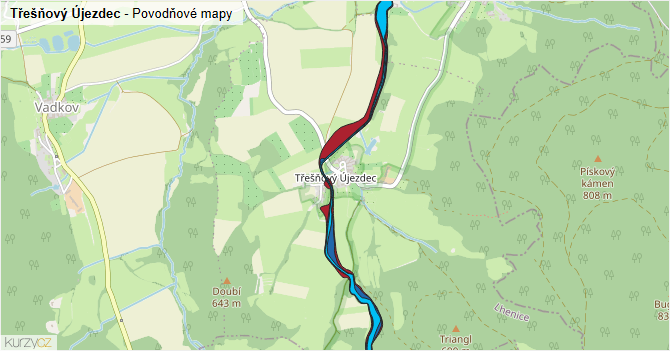 Třešňový Újezdec - záplavové mapy stoleté vody