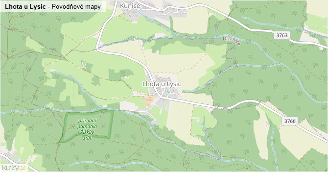 Lhota u Lysic - záplavové mapy stoleté vody