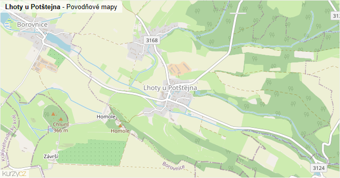 Lhoty u Potštejna - záplavové mapy stoleté vody