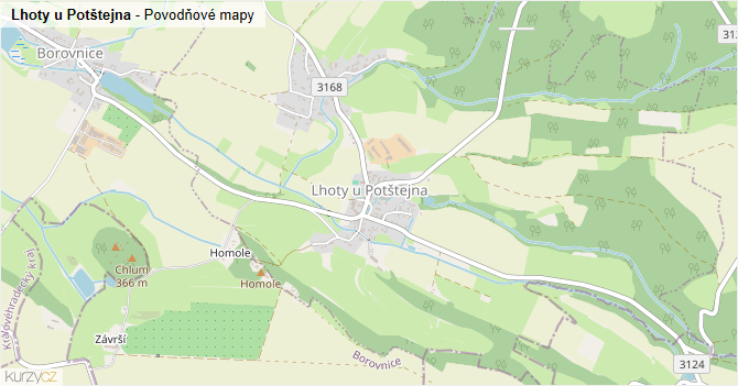 Lhoty u Potštejna - záplavové mapy stoleté vody