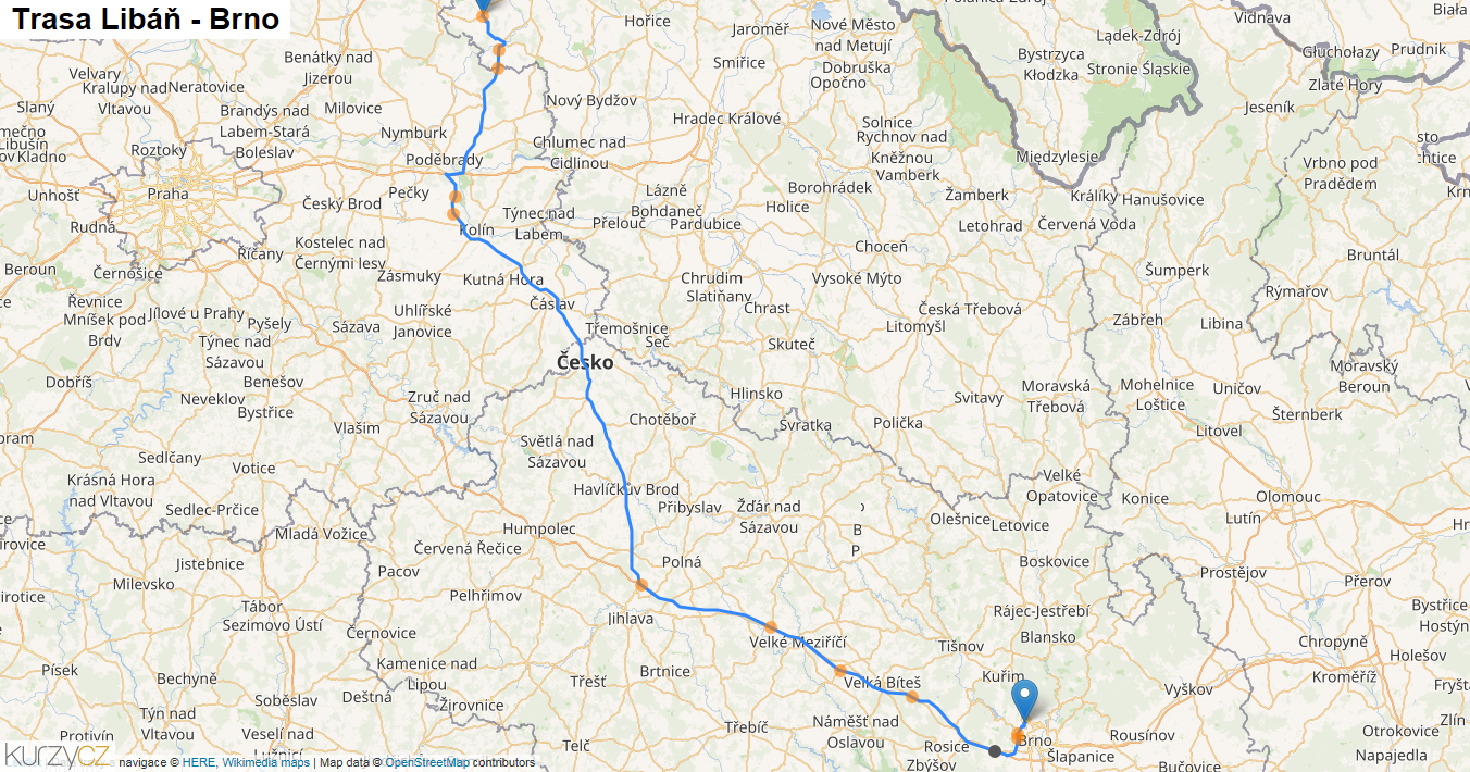 Libáň-Brno, mapa trasy