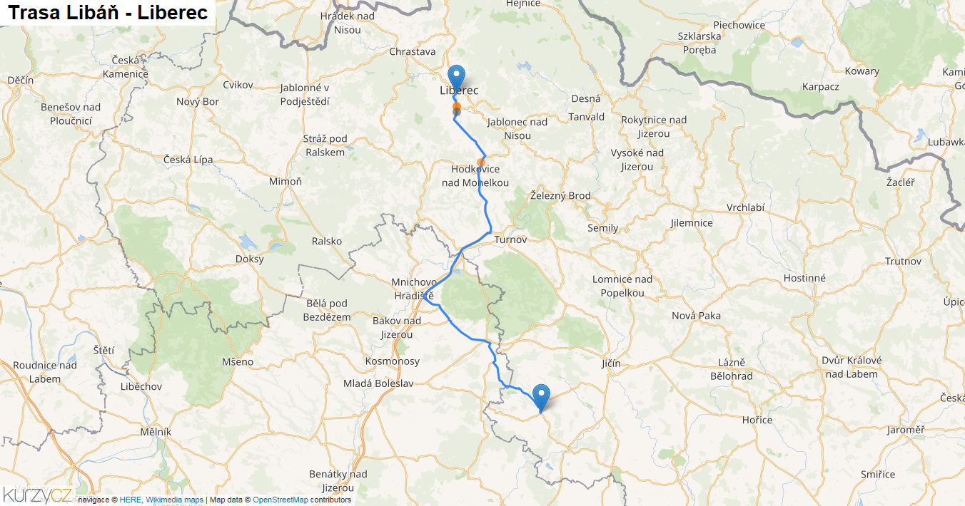Libáň-Liberec, mapa trasy