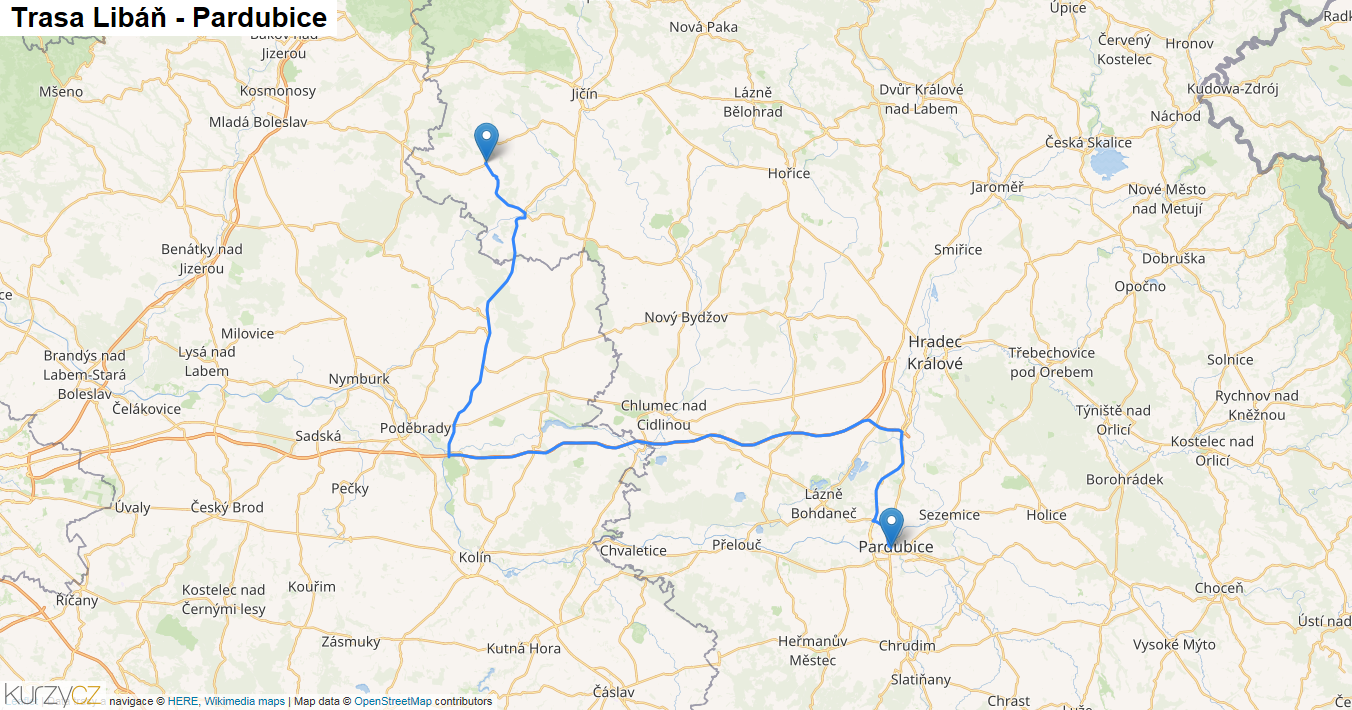 Libáň-Pardubice, mapa trasy