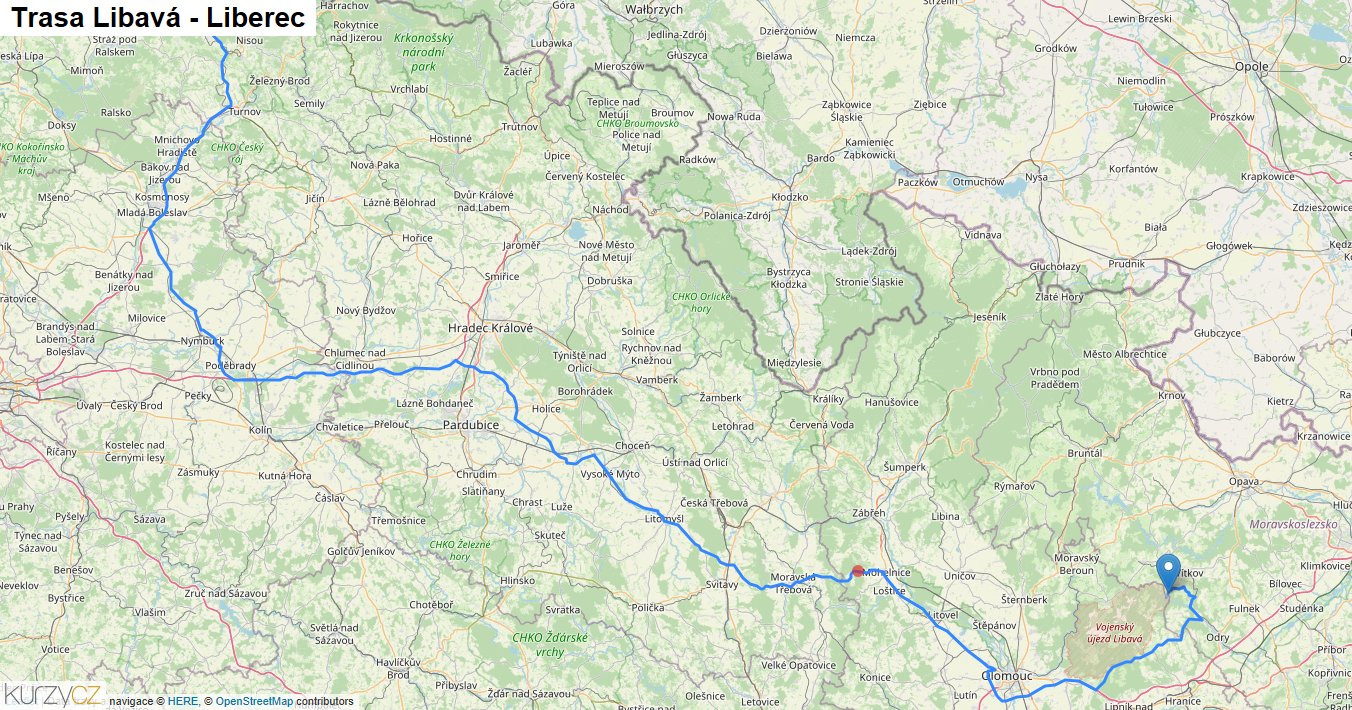 Libavá-Liberec, mapa trasy