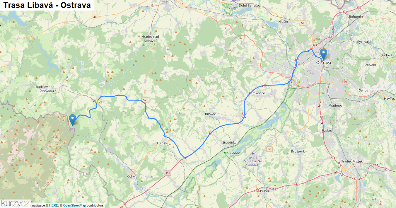 Libavá-Ostrava, mapa trasy