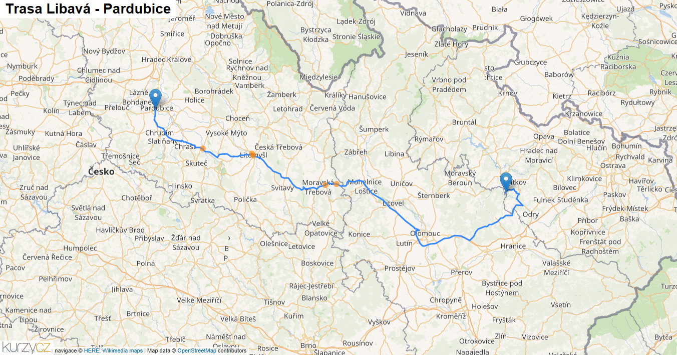 Libavá-Pardubice, mapa trasy