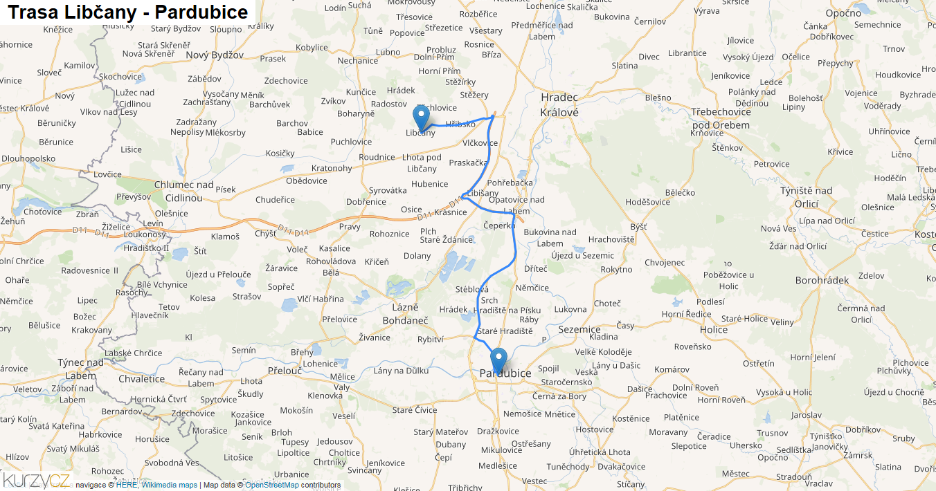 Libčany-Pardubice, mapa trasy