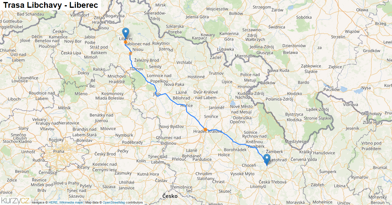 Libchavy-Liberec, mapa trasy