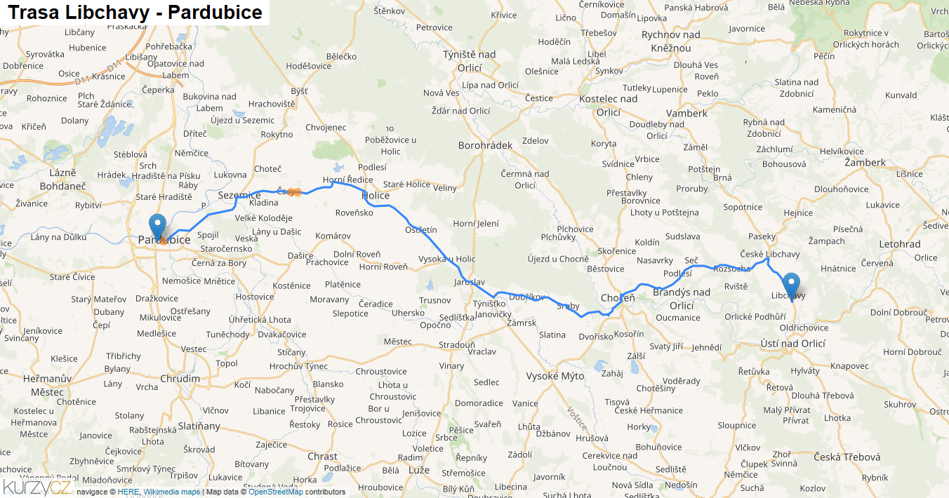 Libchavy-Pardubice, mapa trasy