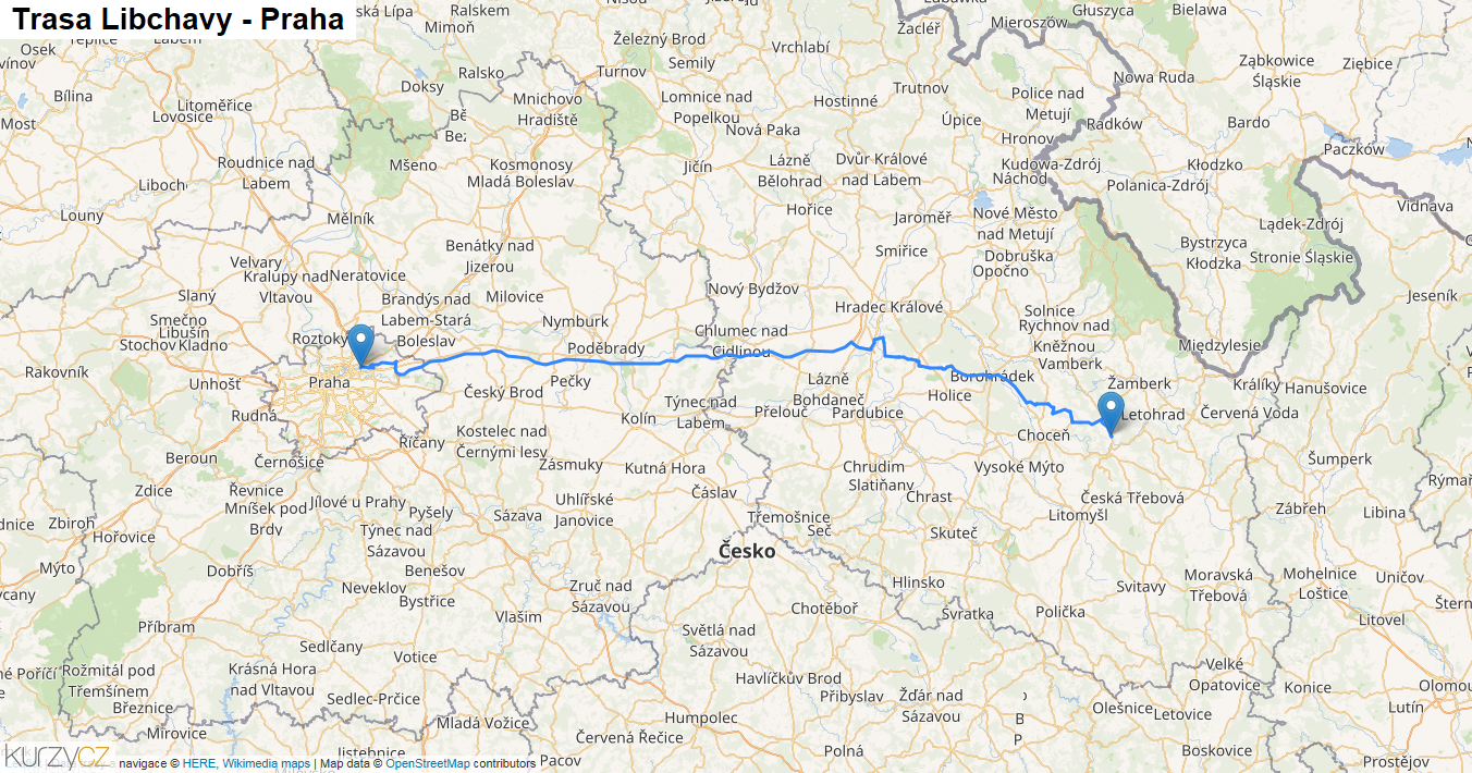 Libchavy-Praha, mapa trasy