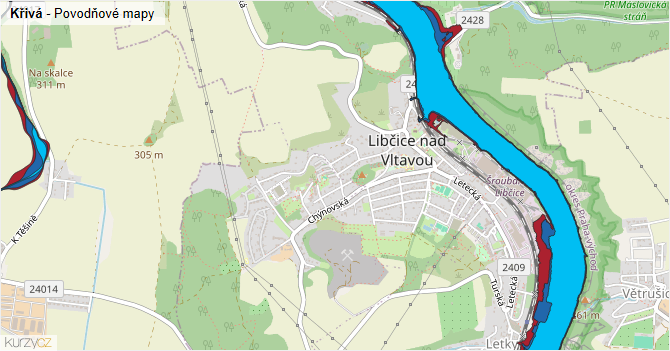 Křivá - záplavové mapy stoleté vody