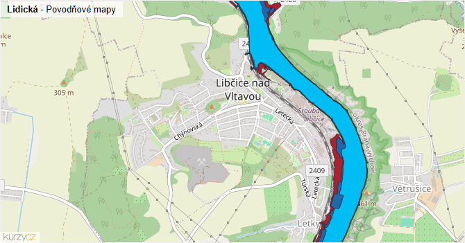 Lidická - záplavové mapy stoleté vody