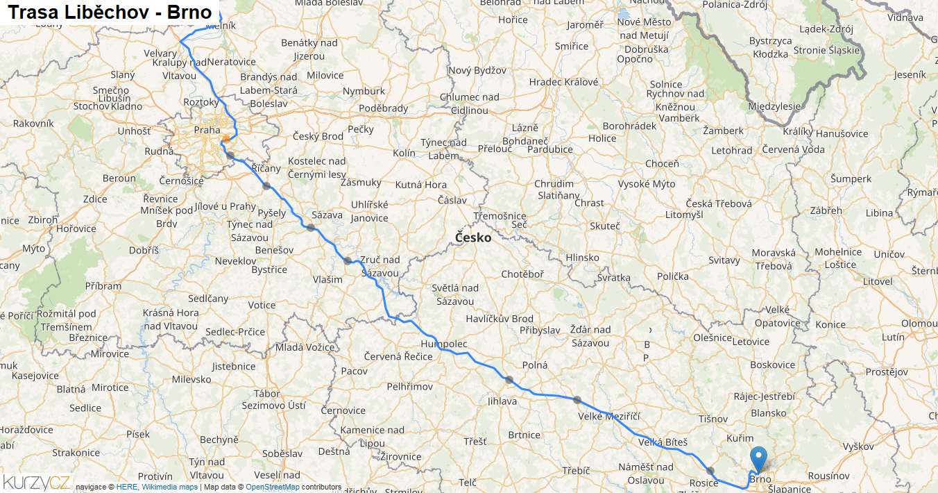 Liběchov-Brno, mapa trasy