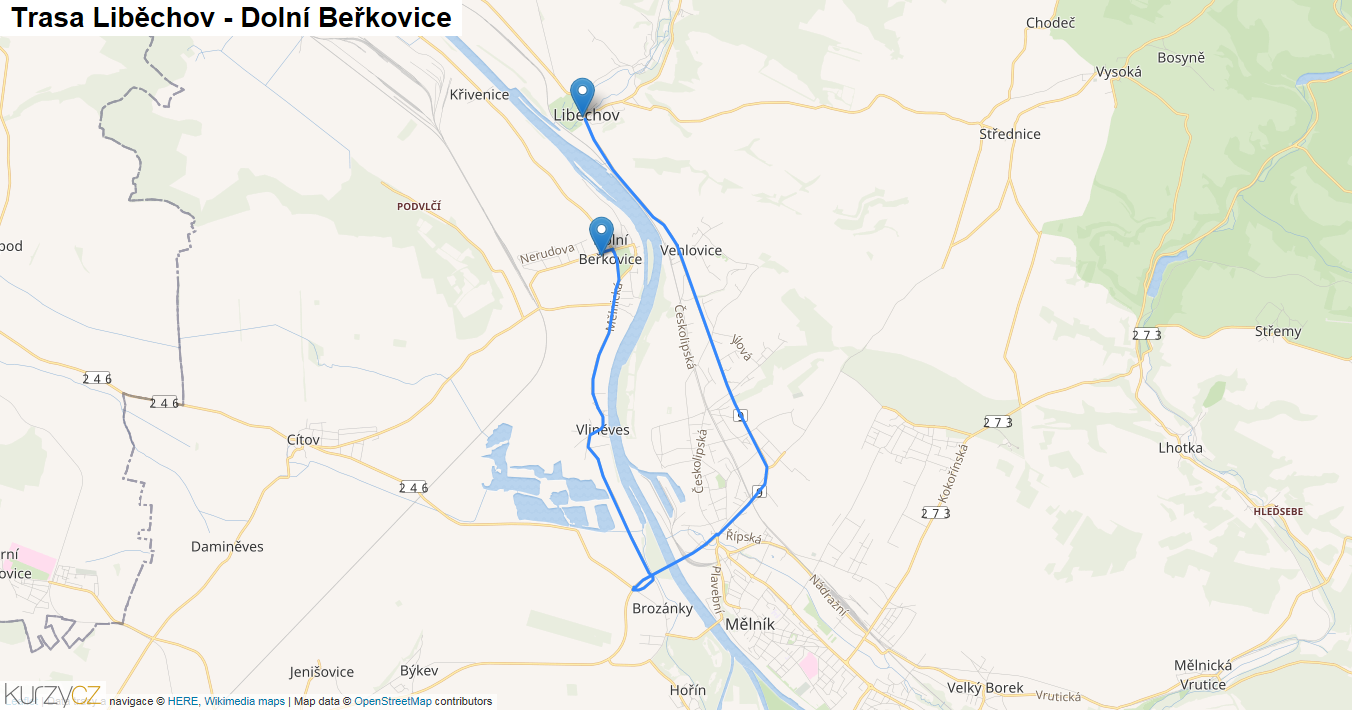 Liběchov-Dolní Beřkovice, mapa trasy