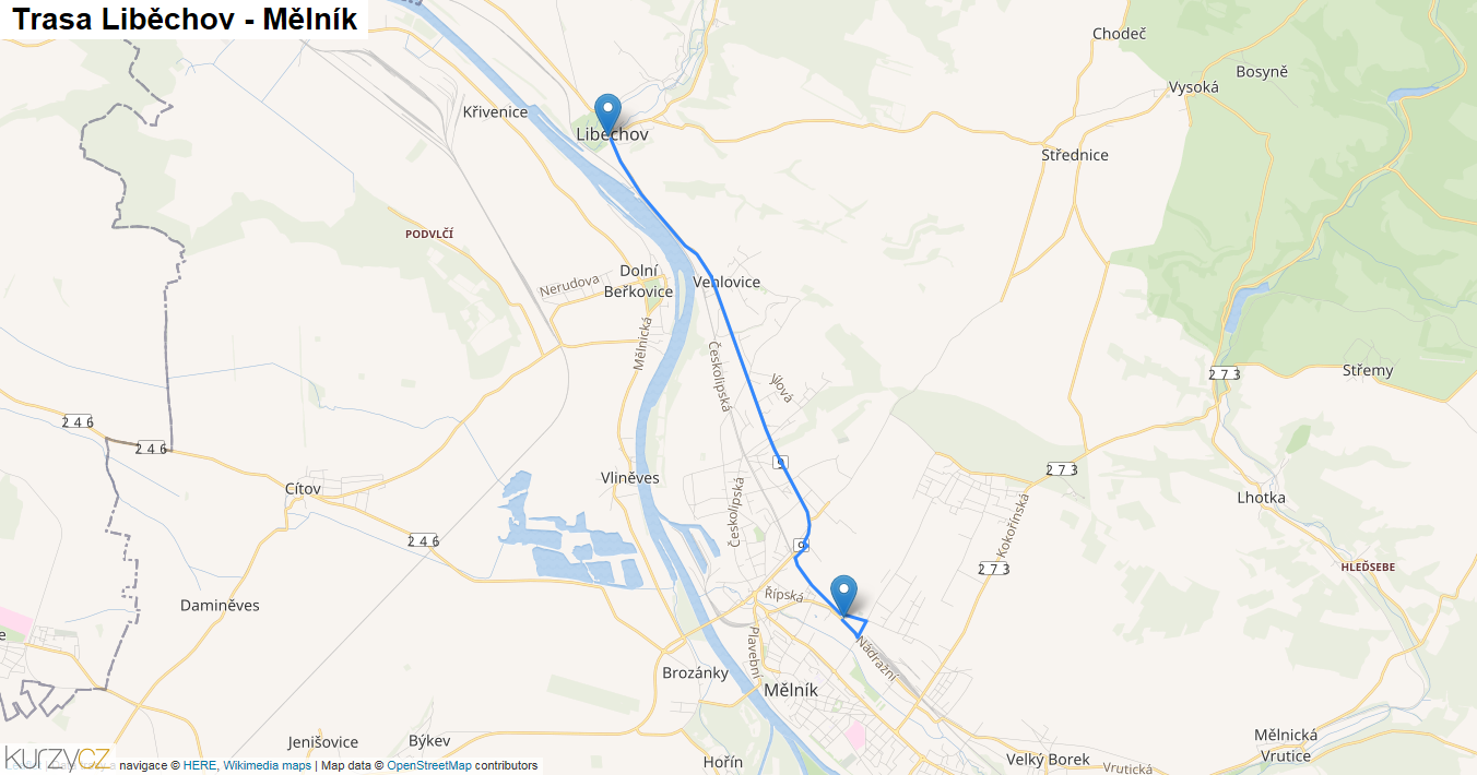 Liběchov-Mělník, mapa trasy