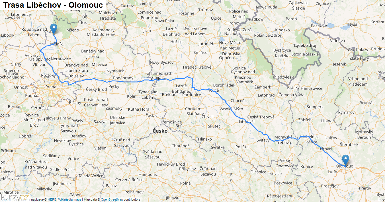 Liběchov-Olomouc, mapa trasy