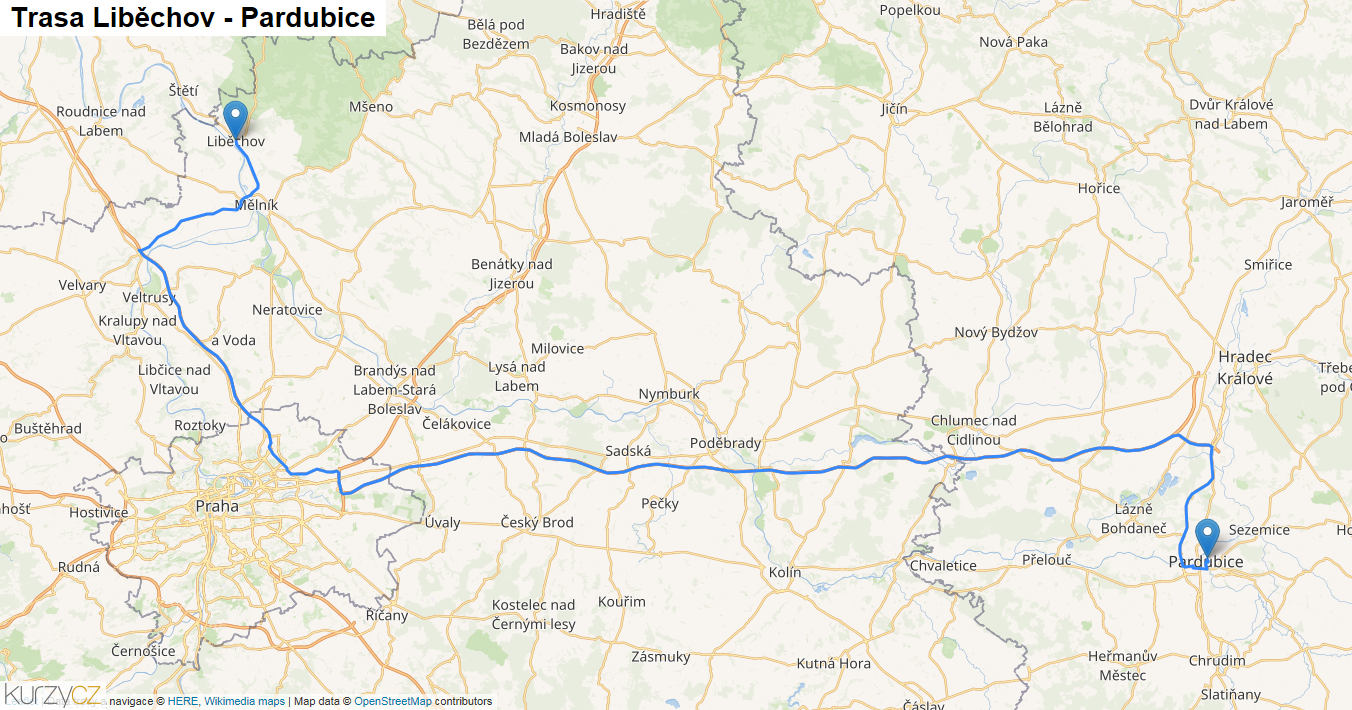 Liběchov-Pardubice, mapa trasy