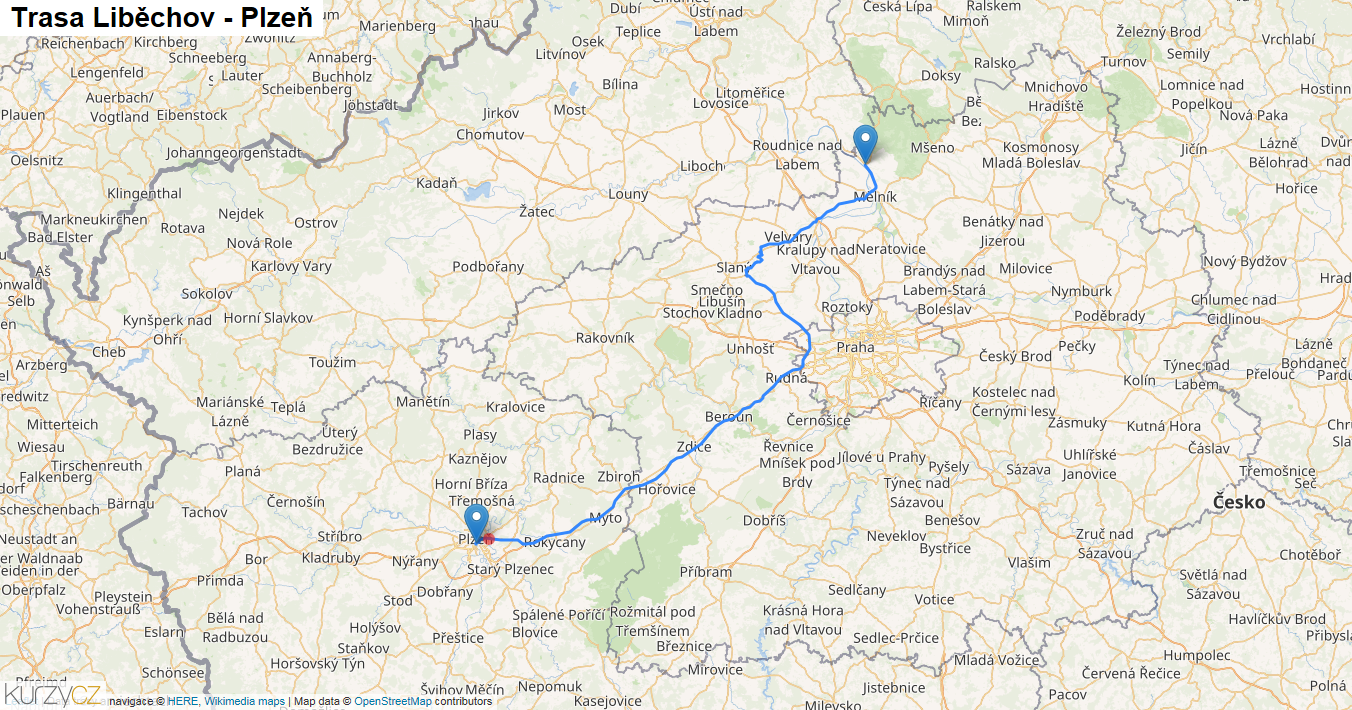 Liběchov-Plzeň, mapa trasy