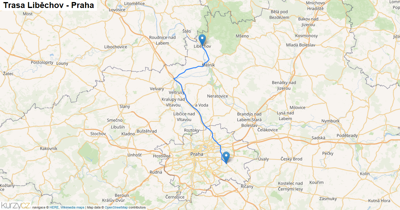 Liběchov-Praha, mapa trasy