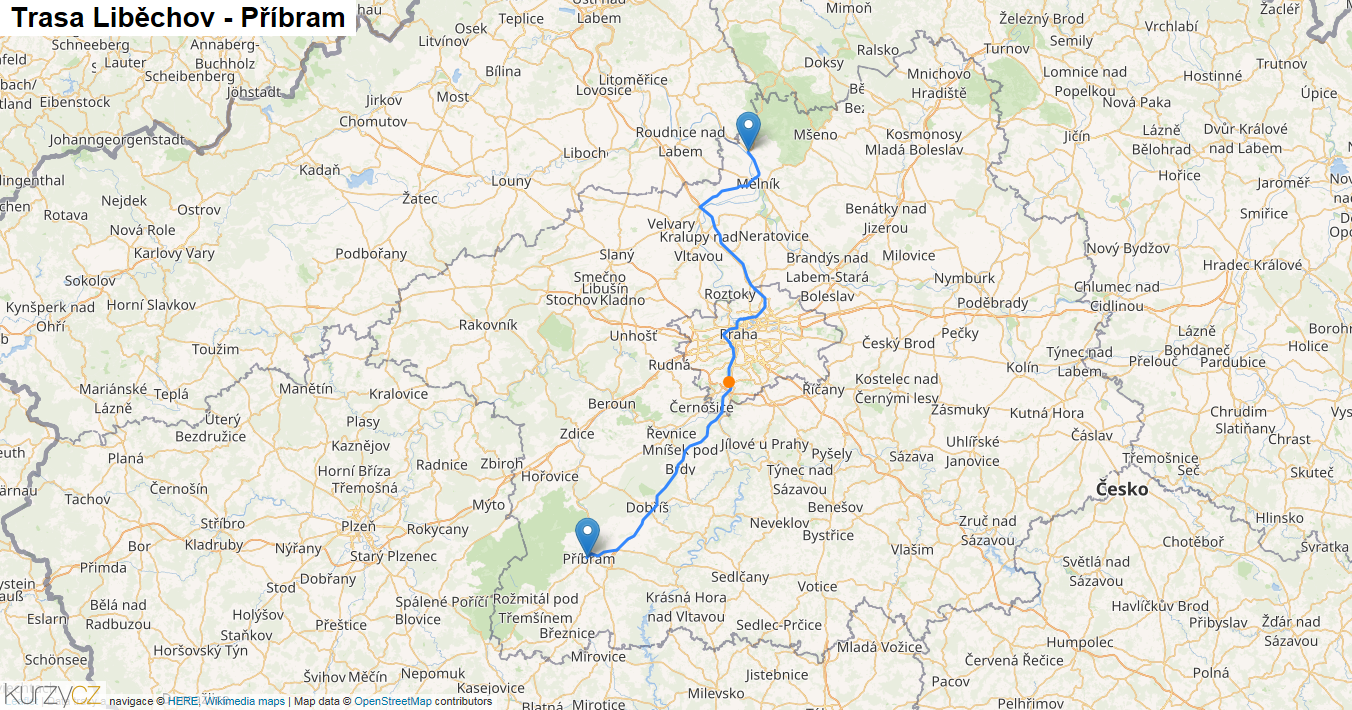 Liběchov-Příbram, mapa trasy