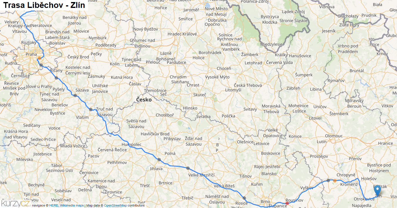Liběchov-Zlín, mapa trasy