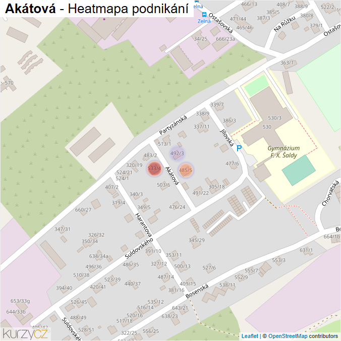 Mapa Akátová - Firmy v ulici.