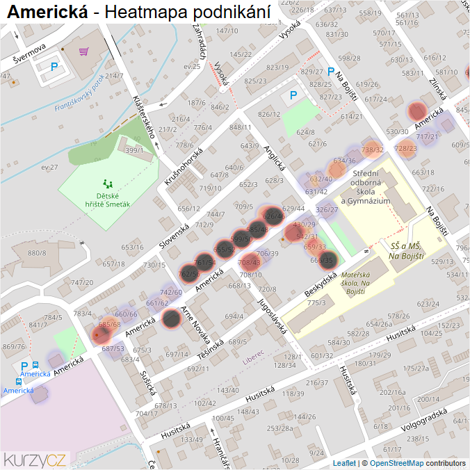 Mapa Americká - Firmy v ulici.