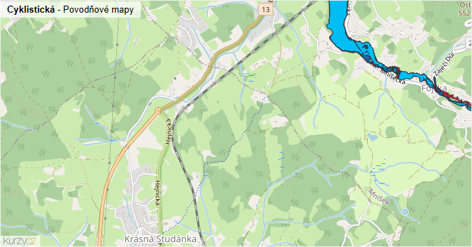 Cyklistická - záplavové mapy stoleté vody